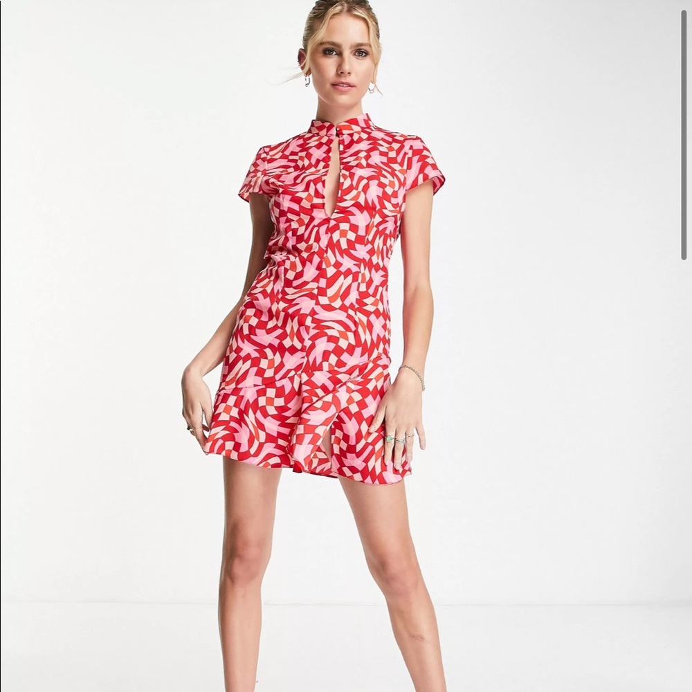 ASOS DESIGN keyhole front mini tea dress in pink and red geo print